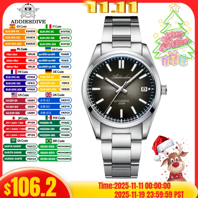 

ADDIESDIVE AD2071 Automatic Mechanical Watch BGW9 Blue Luminous Sunburst Dial Sapphire Glass 100m Waterproof Men's Watch