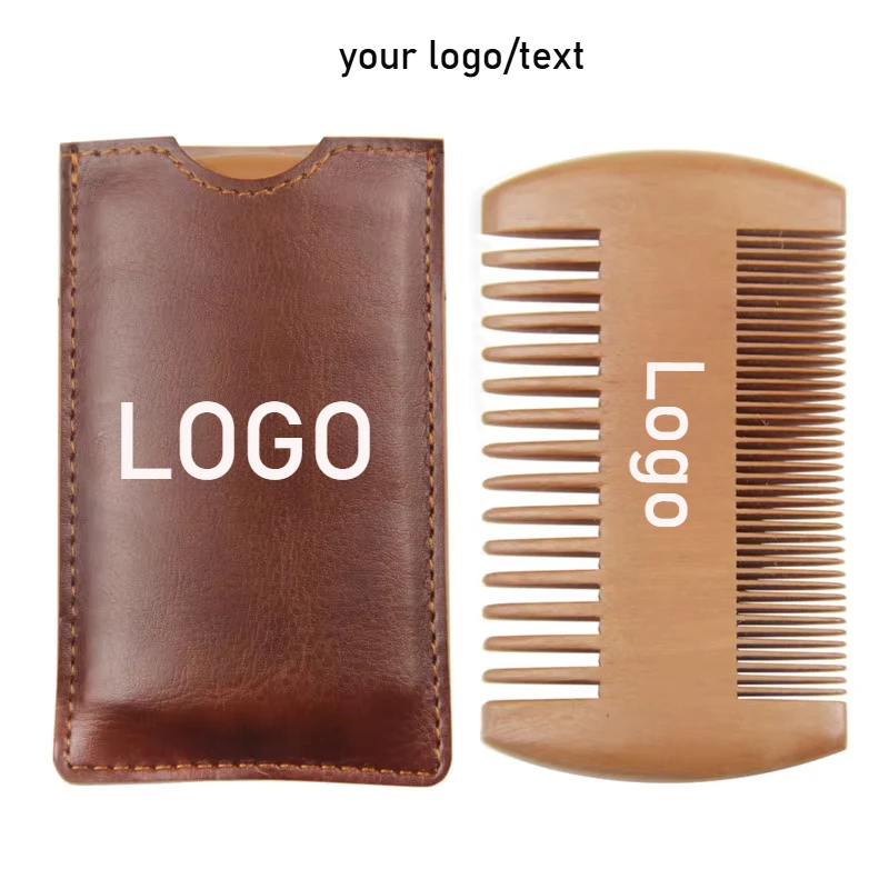 20 Pces Customized Lettering Logo Natural Beech Wooden Beard Comb & Leather Case for Men, Dual Action Fine & Coarse Teeth