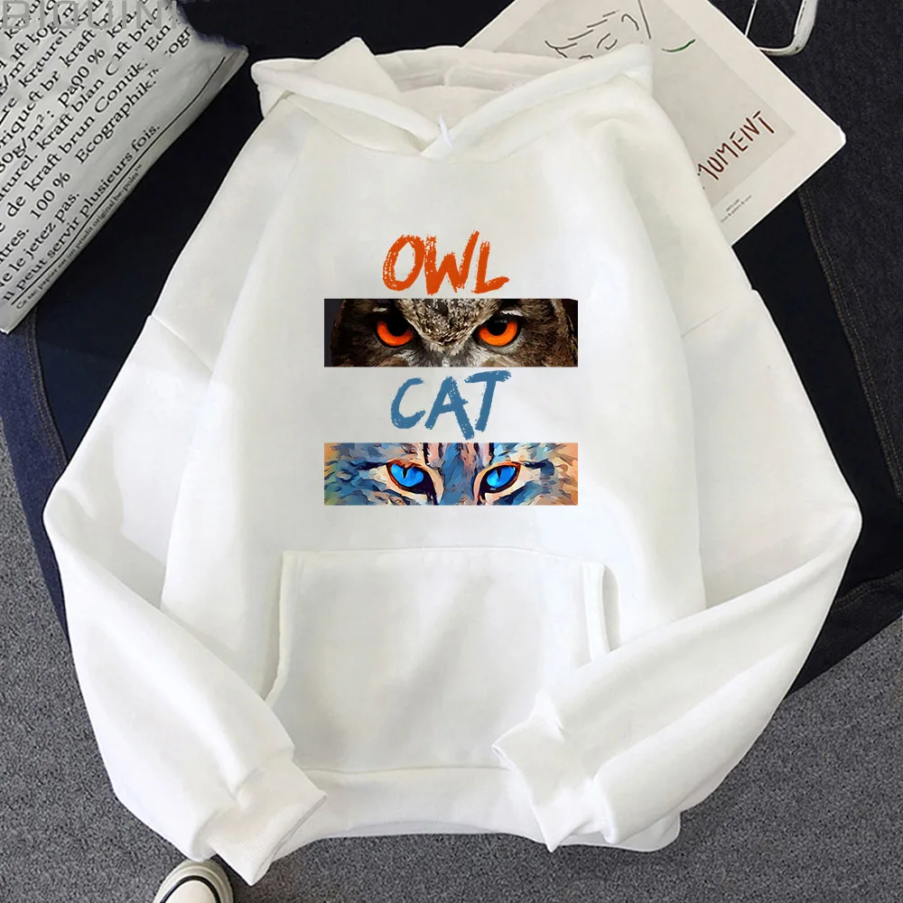 A Cat and An Owl Hoodie Cartoon Fantastic Graphic Sweatshirt Harajuk Y2k Clothes Long Sleeve Pullovers Men Tops Streetwear Women