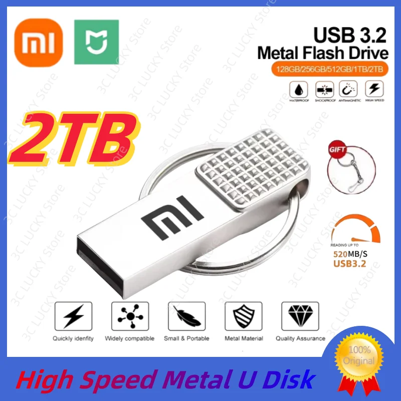 محرك فلاش أصلي من Xiaomi 2 تيرا بايت USB 3.2 محرك قلم عالي السرعة 1 تيرا بايت معدني مقاوم للماء من النوع C ذاكرة USB لأجهزة تخزين الكمبيوتر