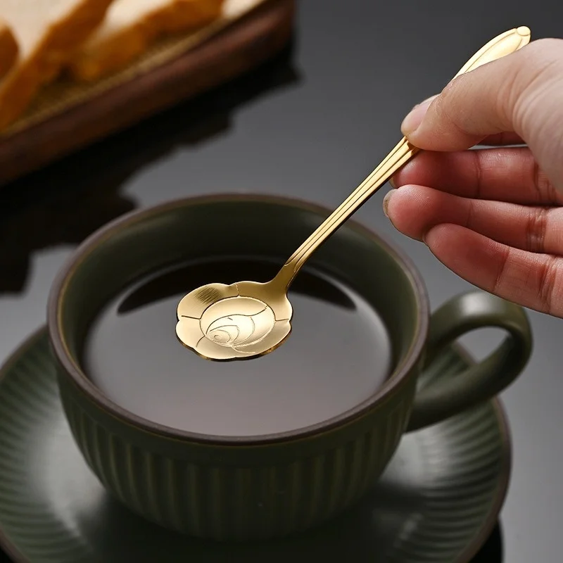 8PCS Golden Spoon Stainless Steel Teaspoon with Design Dessert Ice Cream Tableware Kitchen Cherry Rose Flower Gold Scoop CJCC02
