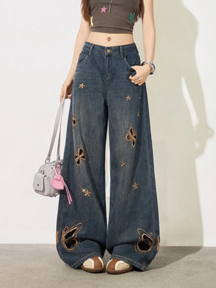 Butterfly Hot Stamping Diamond Hollowed Out Wide Leg Jeans for Women Summer of 2026 High Waisted Slimming Straight Jeans
