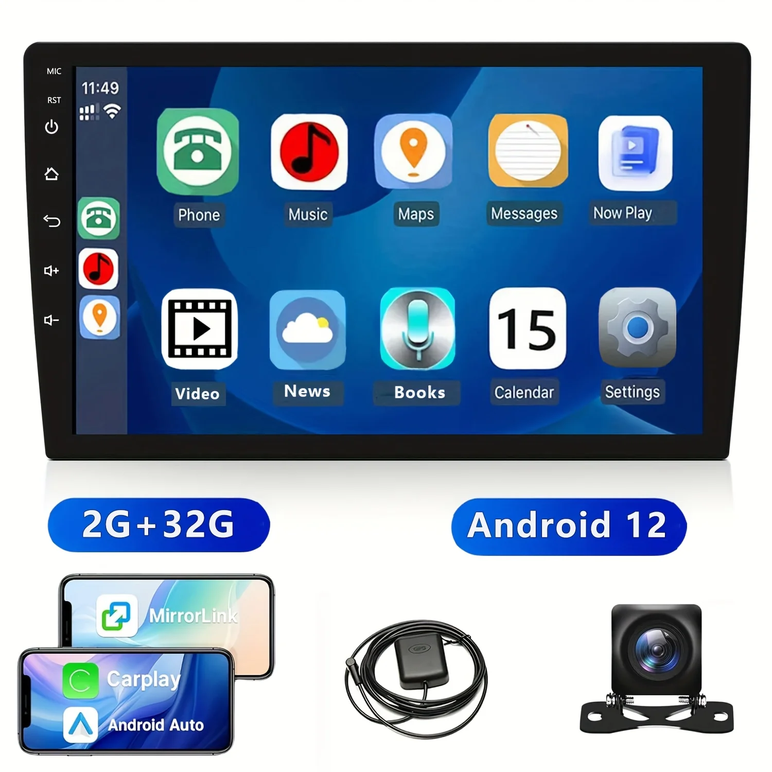 

10.1 Inch 2+32GB Android Car Radio Stereo Screen for 2Din Raido Model - Wireless Apple Carplay & Android Auto, Car GPS in-Dash N