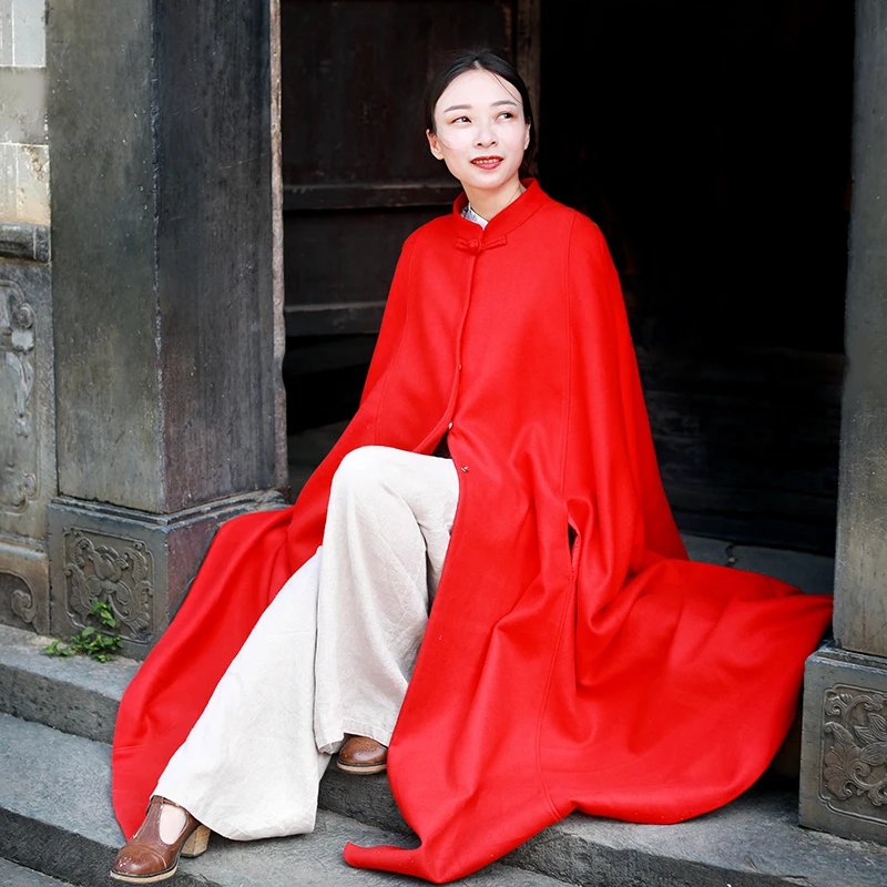 

Новое осенне-зимнее теплое шерстяное пальто-накидка большого размера в стиле Ханьфу, красное, женское, модное, с пуговицами