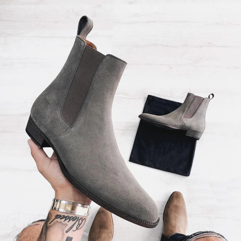 

New Gray Chelsea Boots for Men Faux Suede Flock Business Mens Short Boots Ankle Boots for Mens Size 38-48