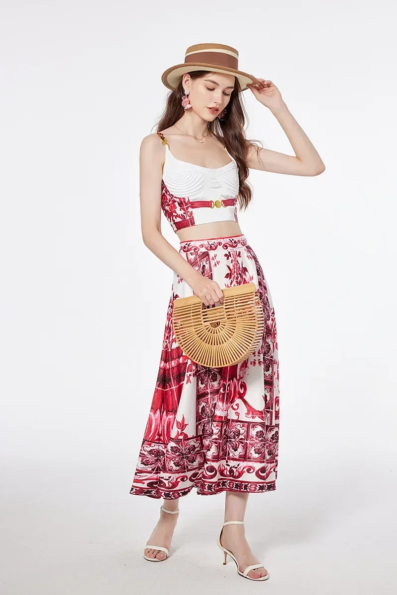 Women Vintage Printed Short Sleeveless Top Maxi Skirt Two Pieces Set