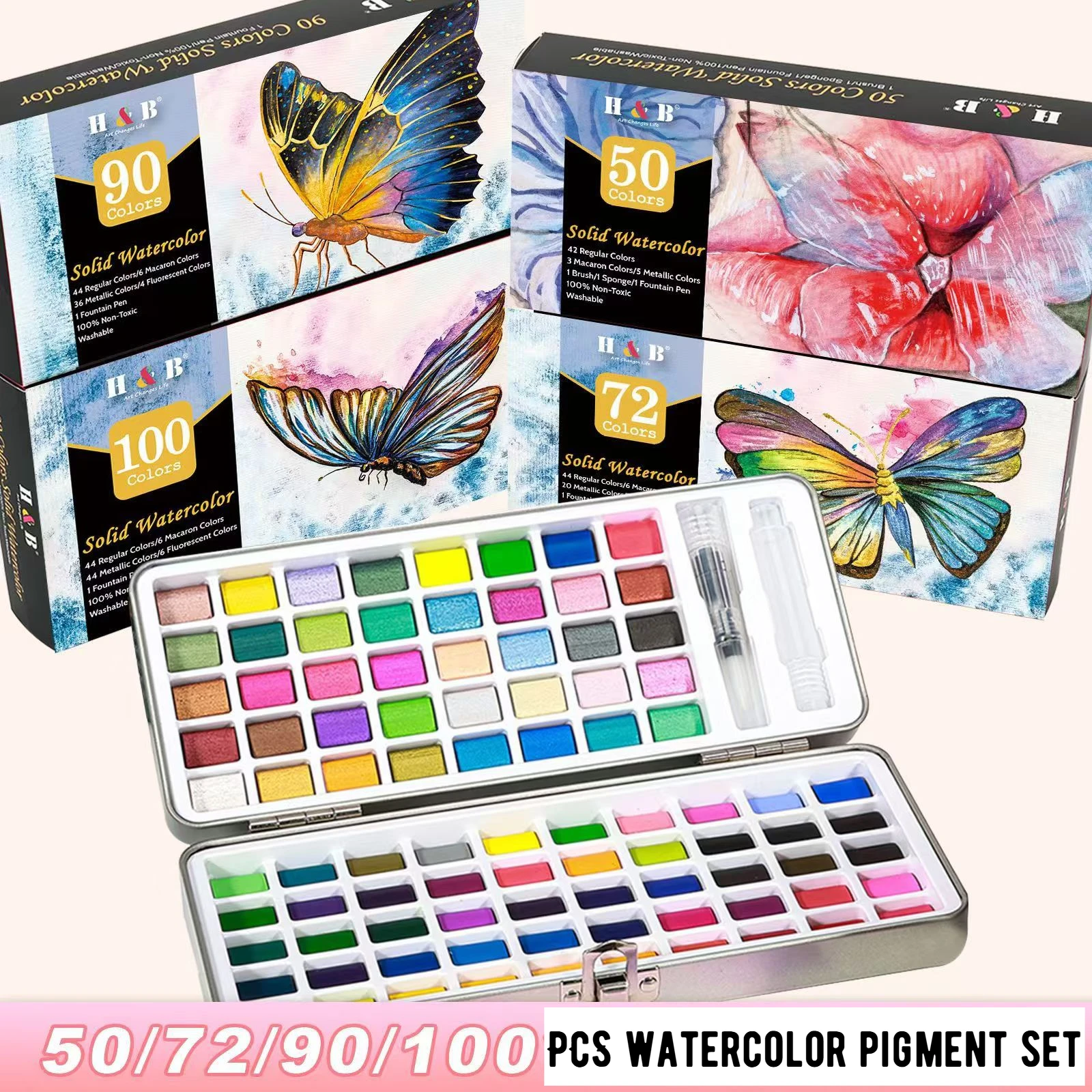 H&B 50/72/90/100 Colors Pigment Set WaterSolid Painting Suit Box Package Professional Drawing School Gift Art Supply