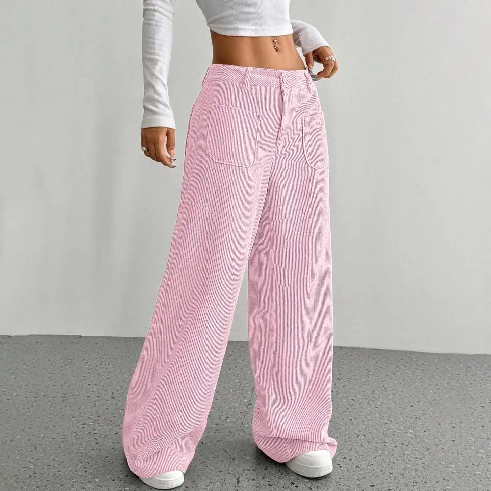 Pantalon Long élégant pour femmes, taille basse, jambes larges, avec bouton zippé, poches volantes, couleur unie, côtelé, pour les loisirs