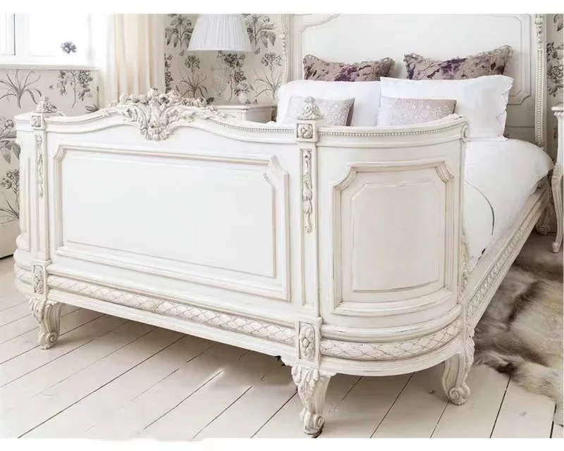 سرير زهور منحوت من الخشب الصلب العتيق، بروفانس بونابرت فرنسي 1.8 متر غرفة نوم سرير مزدوج سرير زفاف عتيق