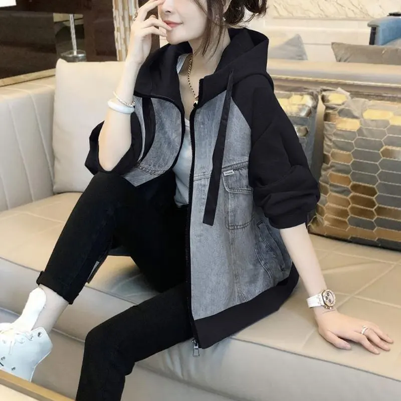 Casual Solid Color Denim Coats Patchwork Female Spring Autumn New Fashion Pockets Zipper Korean Loose Hooded Drawstring Jackets