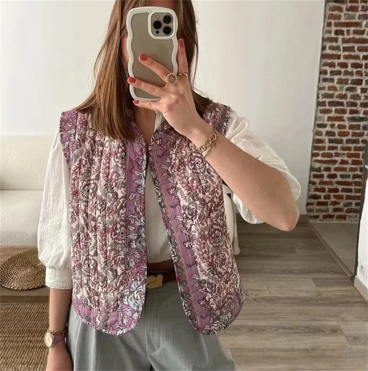 Women Fashion Printed Quilted Vest Sleeveless O Neck Cardigan Waistcoat 2024 New Autumn Winter Clothes Casual Basic Lady Jacket