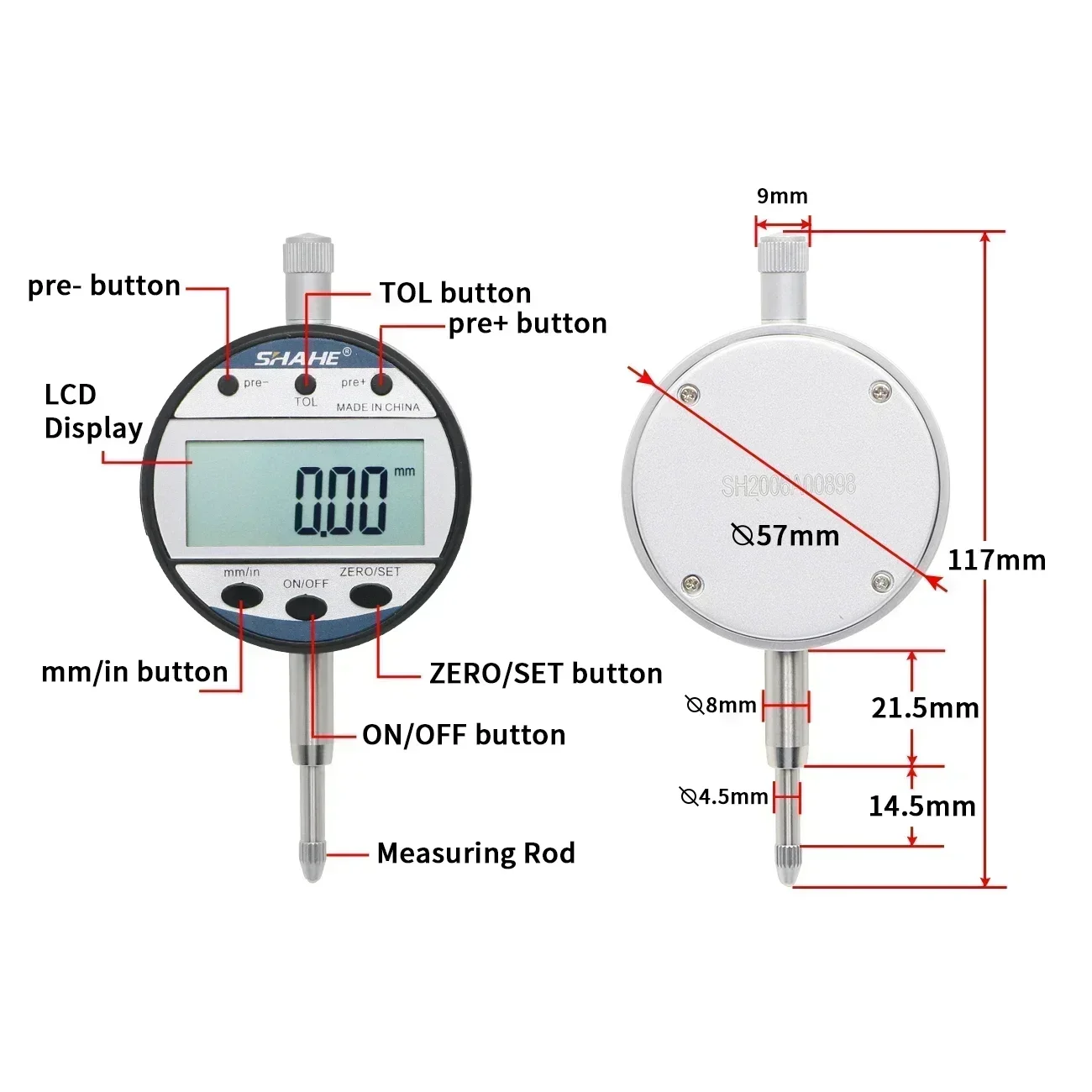 SHAHE 디지털 다이얼 전자 표시기, 디지털 게이지 정밀 도구, 미터법/인치, 0.01mm, 12.7mm