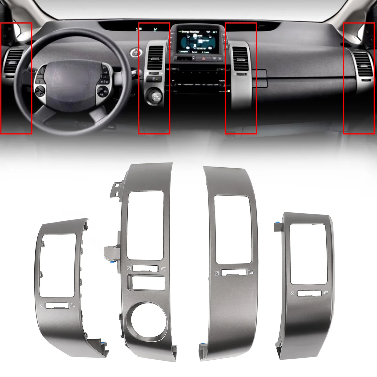 4PCS Silver Dashboard A/C Air Vent Trim Panel Cover for Toyota Prius 2004–2009 Center Console Decoration Set 55670-47060