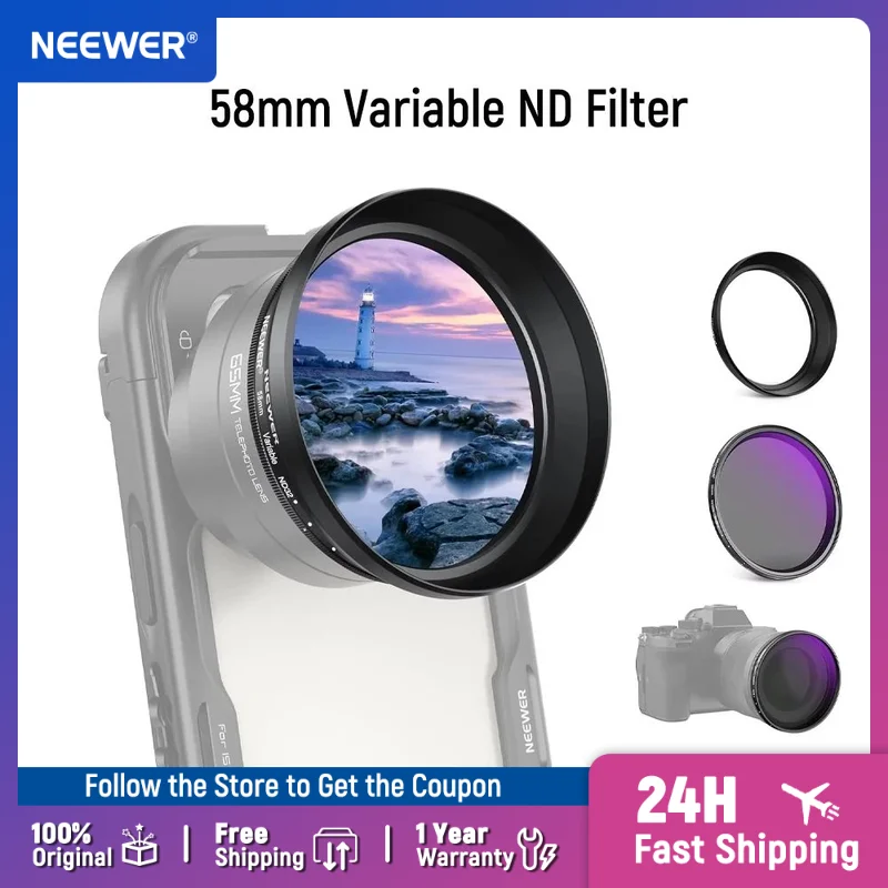 NEEWER 58mm Variable ND Filter ND2-32 1-5 Adjustable Neutral Density Filter for 65mm Telephoto Phone Lens & 58mm Camera Lens