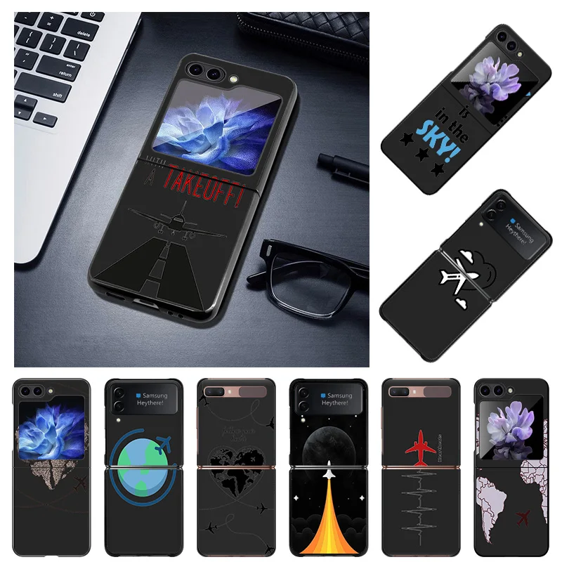 Black Phone Cases for Samsung Z Flip 6 5 4 3 5G Airplane World Map Hard Galaxy ZFlip6 Flip5 Flip4 Flip3 Mobile Phone Shell Cover