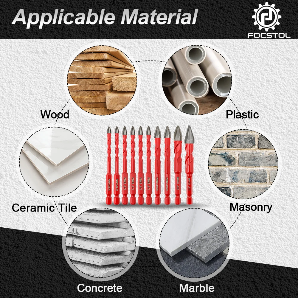 

FOCSTOL 10pcs Drill Bits 5/6/8/10/12mm Drill Bit Core Quick-Fit Carbide Drill for Ceramics Marble Glass Wood Plastic PVC Pipe