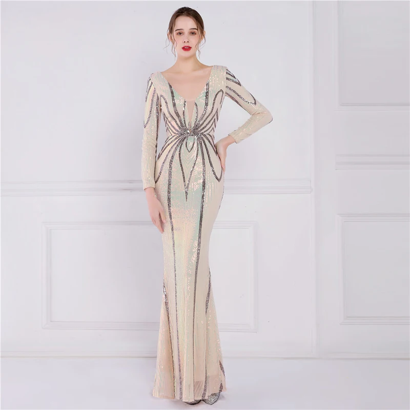 

2022 New Fashion Women Long Sleeve Deep V Neck Sexy Backless Sheath Evening Party Prom Cocktail Maxi Mermaid dress vestido