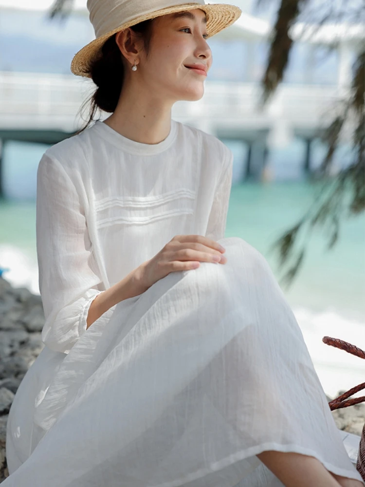 

Breathable Loose Ramie White Long Dress Women Double Layer Lace up Spring Summer Pleated Loose Dresses Soft Literary Vestidos