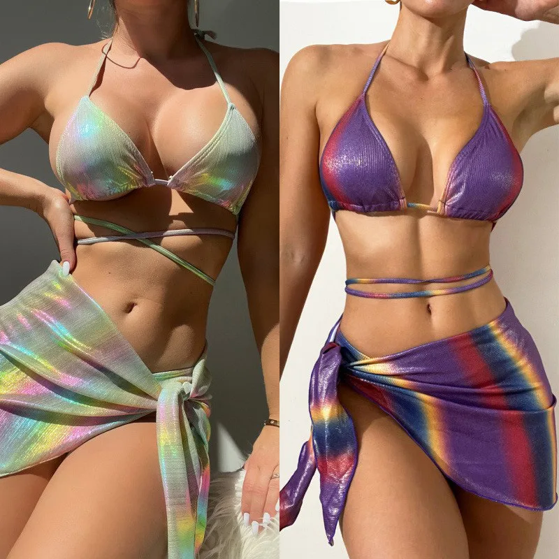 Fashionable and sexy split swimsuit women's bikini three piece set European and American new deep V gathering bright face strap