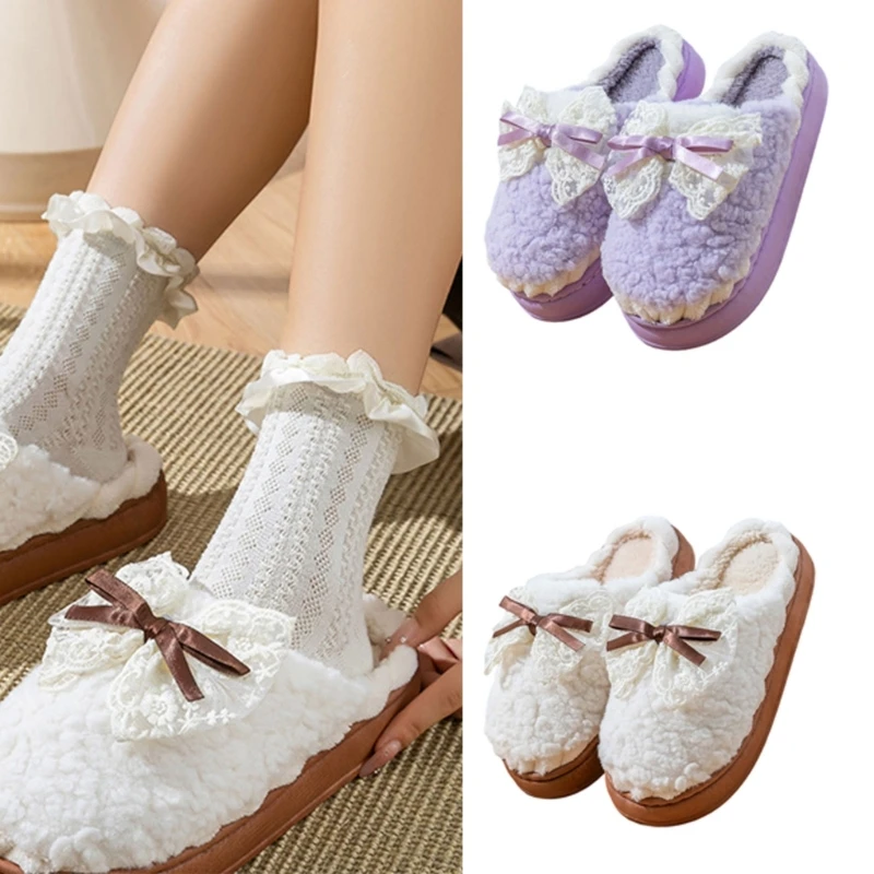 

Thick Soles Winter Slippers For Women Warm Plush Lined Cute Lace Bowknot Indoor House Shoe With Nonslip Silicone Base