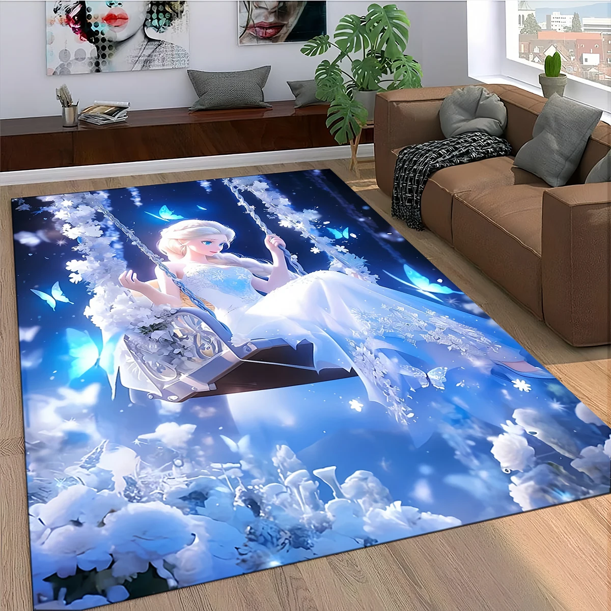 2025 New Frozen Disney Elsa Anna Cartoon Girl Snow Queen Gift Carpet Rug for Bedroom Living Room Home Sofa Decoration,kids Decor