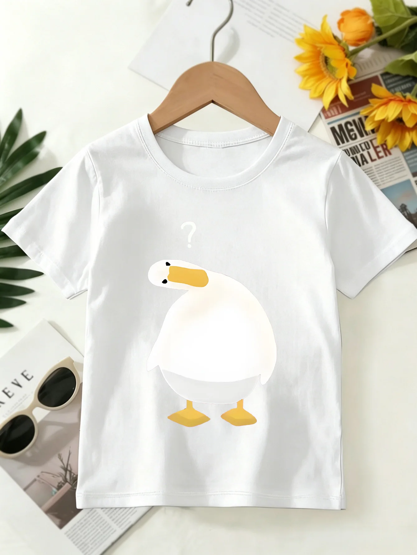 Confused White Duck Kids Funny Cartoon Animal Print Boys Girls Family Matching Cotton Summer Short Sleeve Basic Children Tshirt