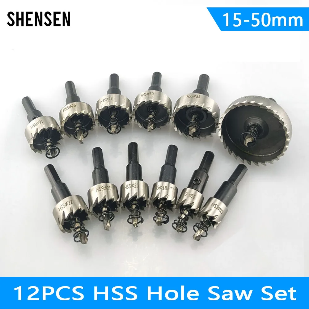 12Pcs 15-50mm HSS Hole Saw Set High Speed Steel Drill Bit Drilling Crown for Metal Alloy Stainless Steel Wood Cutting Tool