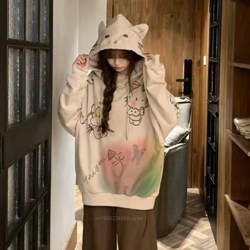 New Hello Kitty Graffiti Style Hoodie Women Casual Sweatshirt Sanrio Cute Kt Pullover Autumn Winter Loose Versatile Clothing Y2k