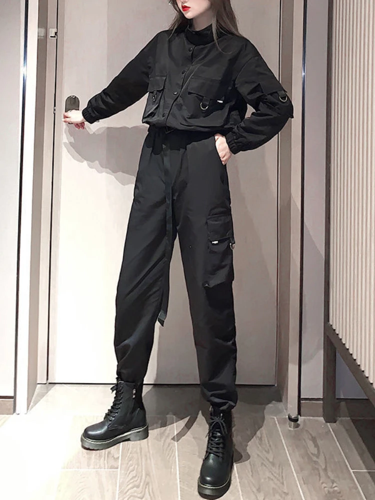 여성용 2 피스 세트 자켓 및 바지 카고 트랙 슈트 한국 스타일 캐주얼 streetwear 스포츠 복장 가을 겨울 야외 착용