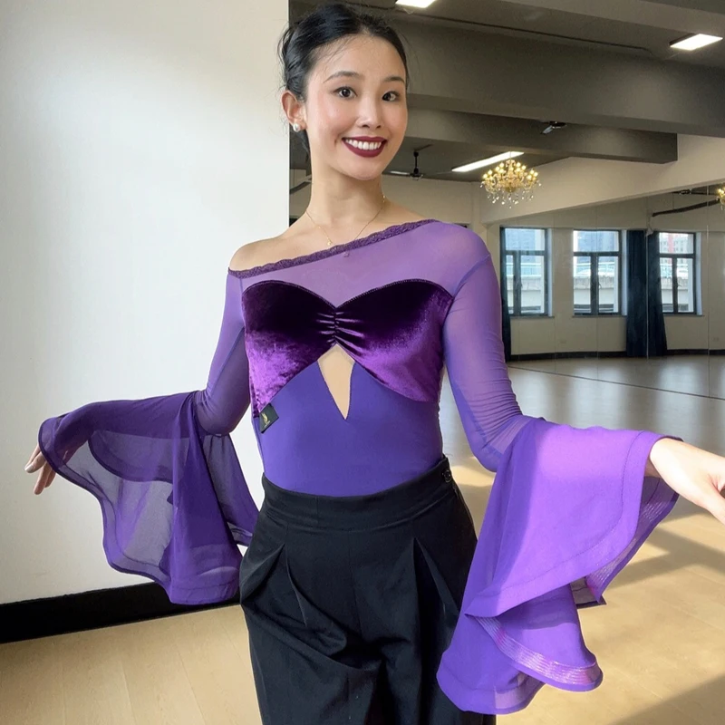 

Фиолетовый топ с рюшами на рукавах для бальных танцев, женские топы для современных танцев, топ для взрослых, румба, самба, топ для латинских танцев, тренировочная одежда SL14450