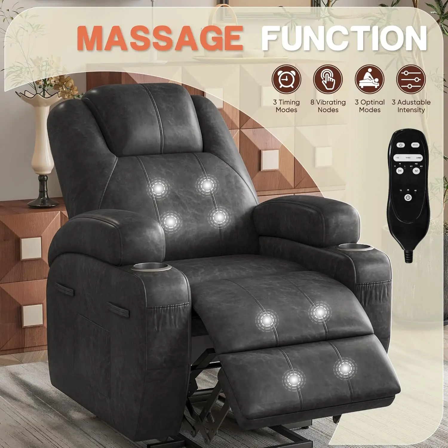Electric Lift Recliner Chair with Massage, Corduroy, Remote Control, Cup Holders, Side Pockets - Dark Gray