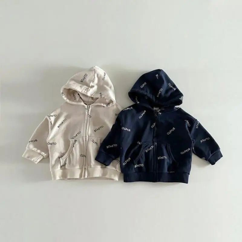 

2024 Spring New Children Long Sleeve Casual Hoodies Baby Boy Girl Letter Print Hooded Coat Kids Toddler Vintage Zipper Jacket