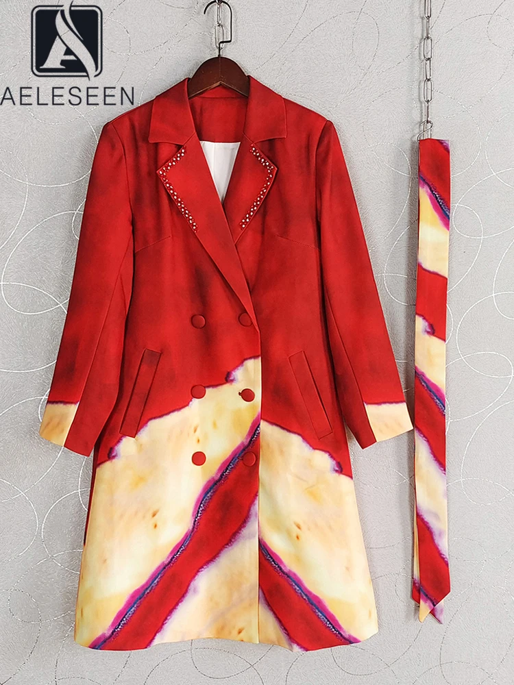 AELESEEN High Street Design Fashion Trench Women Autumn Winter Crystal Beading Dontract Color Double-breasted Elegant Long Coat