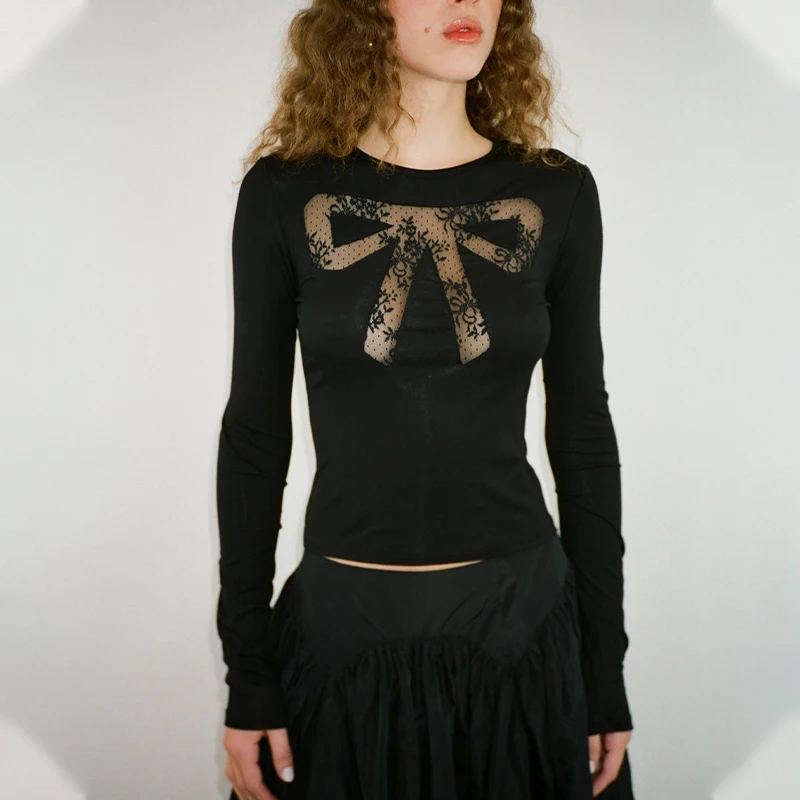 Xeemilo Y2K Lace Bow Cut Out See-through T Shirt Aesthetic Round Collar Slim Skinny Long Sleeve Crop Tops Simple Fashion Tees