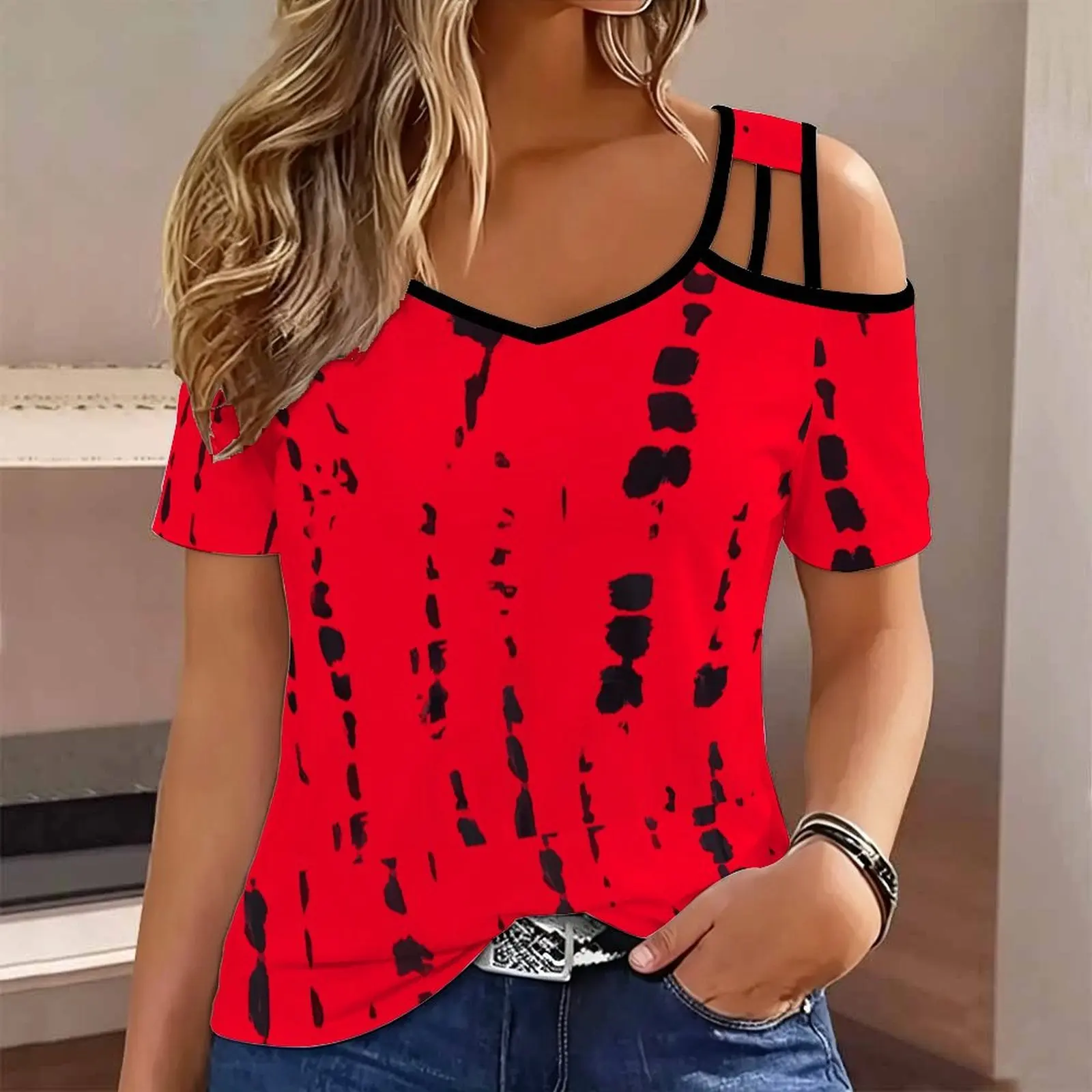 Plus Size Summer Women’s Retro Print  Cold Shoulder V Neck Tee Elegance Fashion Casual Top Beach Vacation Wear