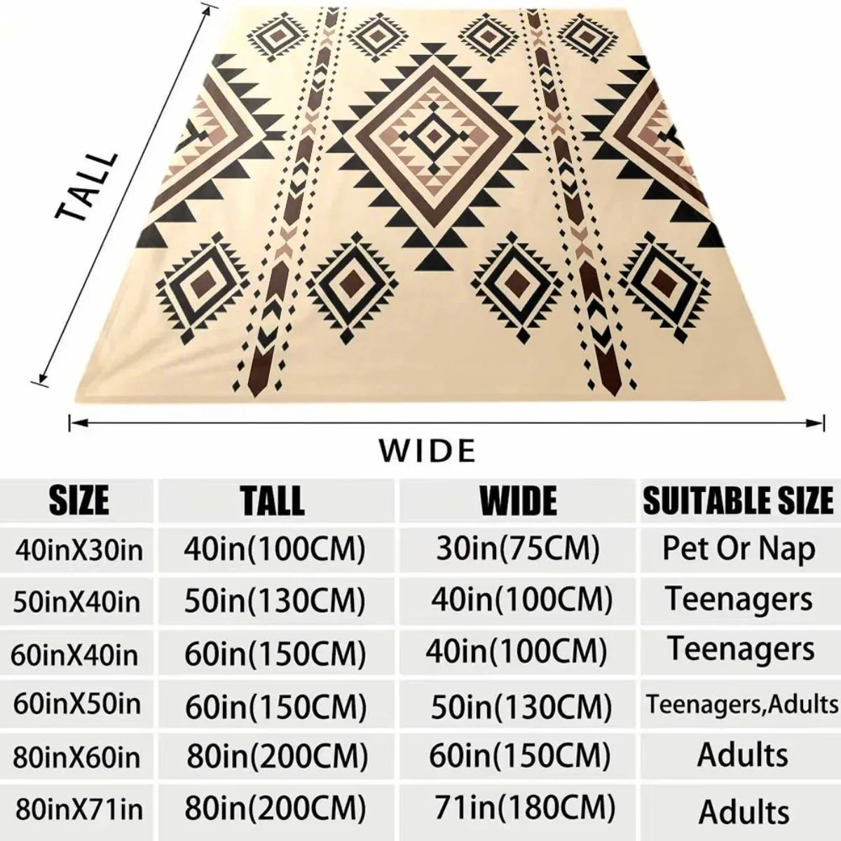 Western Aztec Geometric Diamond Triangle Print Flannel Throw Blanket Soft Warm Cover for Sofa Bed Boho Southwest Home Decor