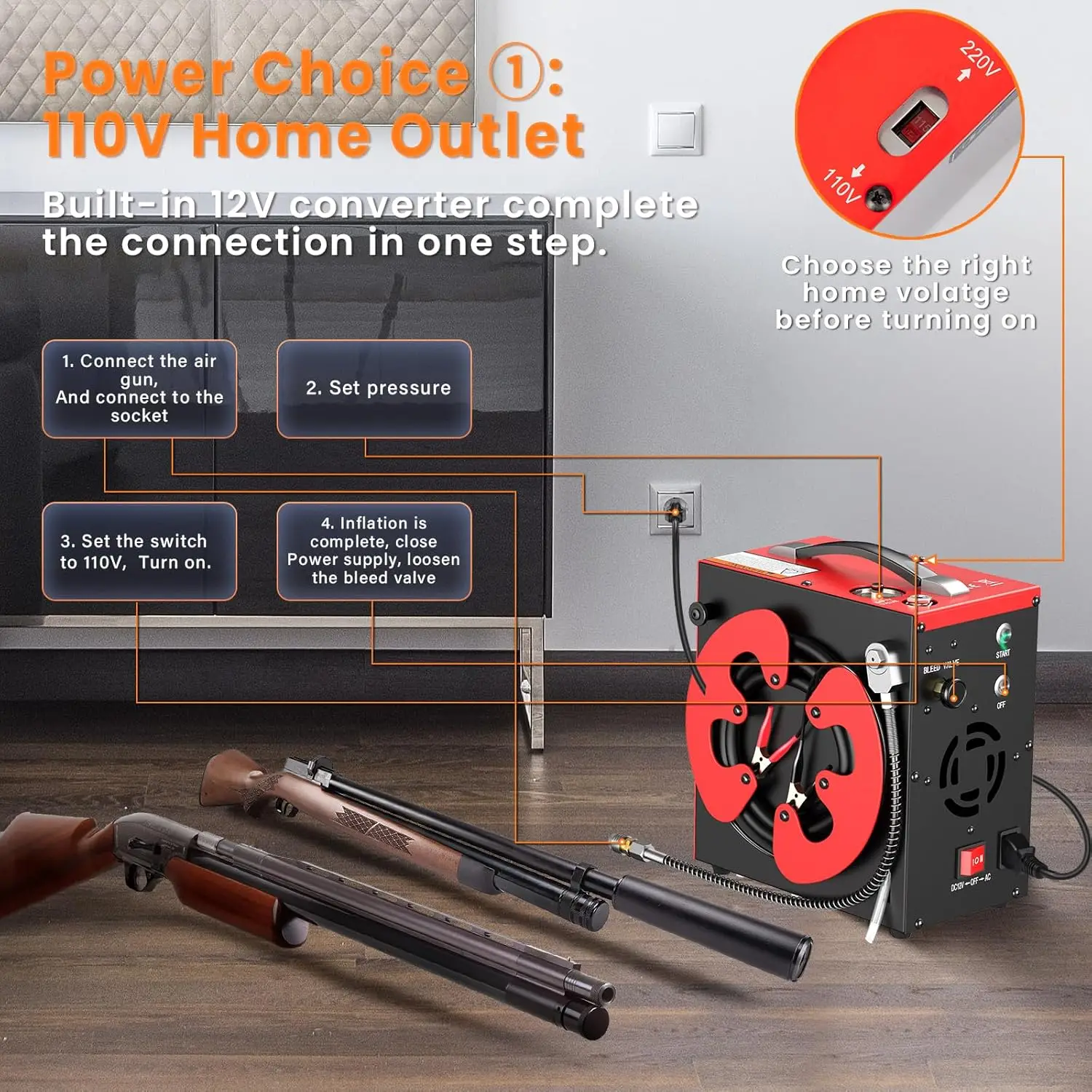 

Portable PCP Air Compressor, Built-in Home Converter, Auto-Stop, Oil-Free, Built-in Water-Oil Separator Filter