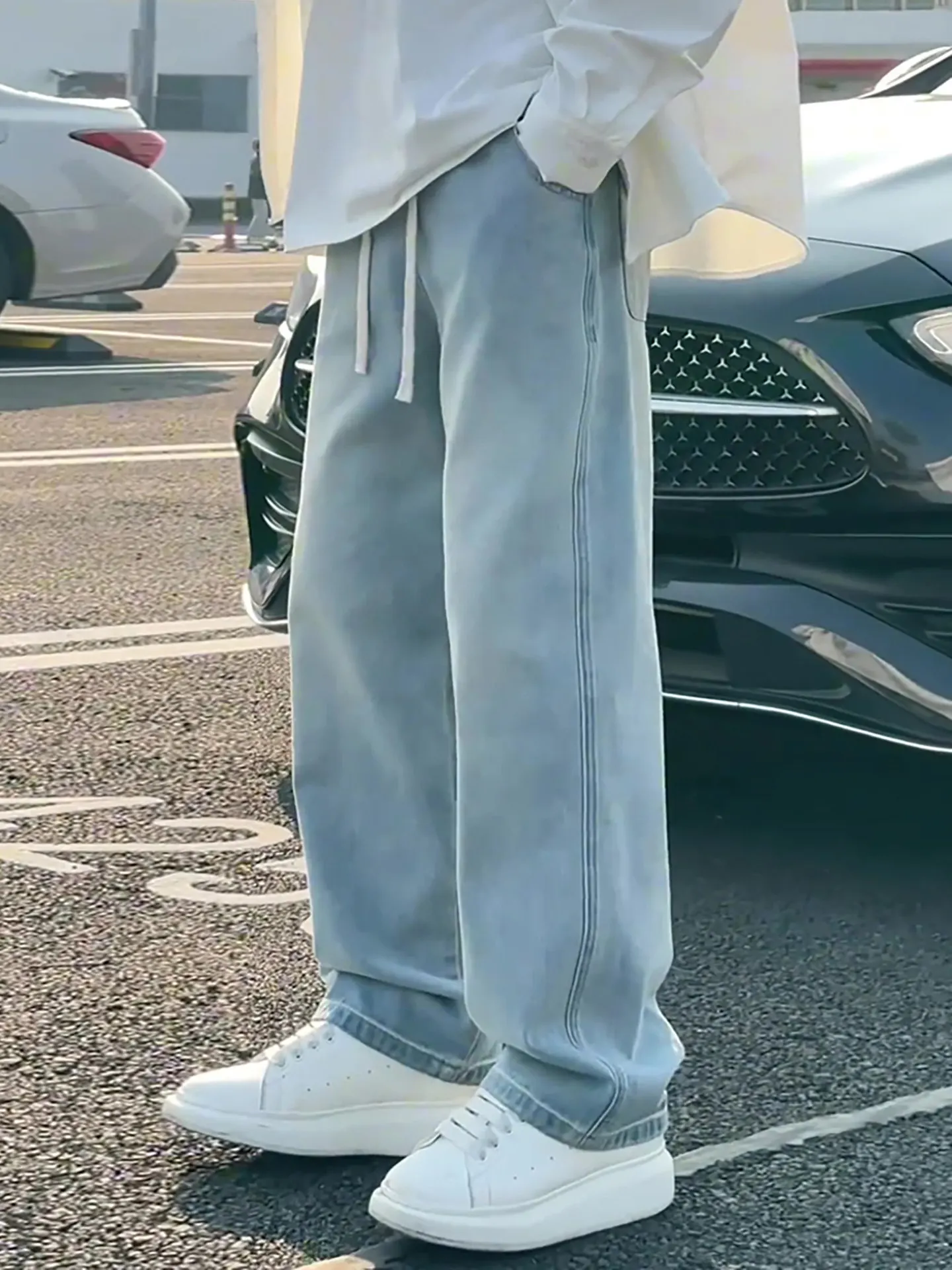 

Light Blue Men's Jeans Straight Leg Wide Leg Casual Pants Elastic Waist Loose Fit Spring Summer Trendy Brand Youth Wear