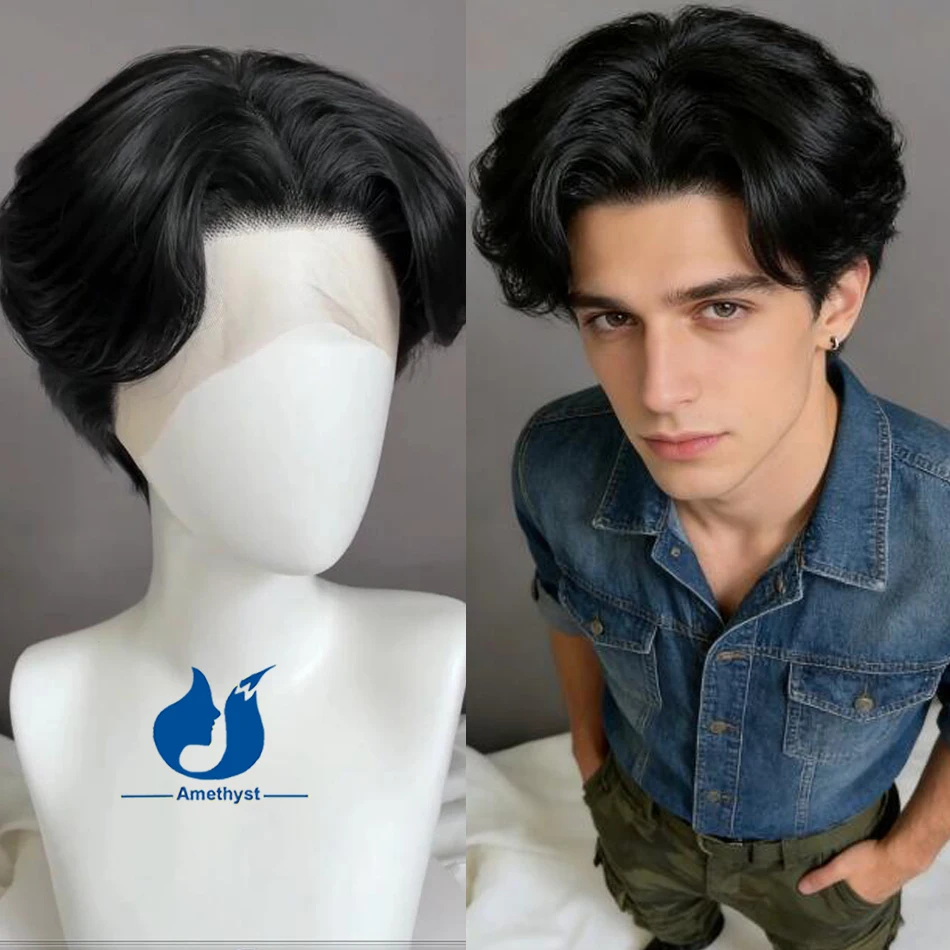 

Amethy Straight Black Short Pixie Cut 13X6 Lace Front Human Hair Wig for Men Brazilian Remy Human Hair Pre Plucked Middle Part