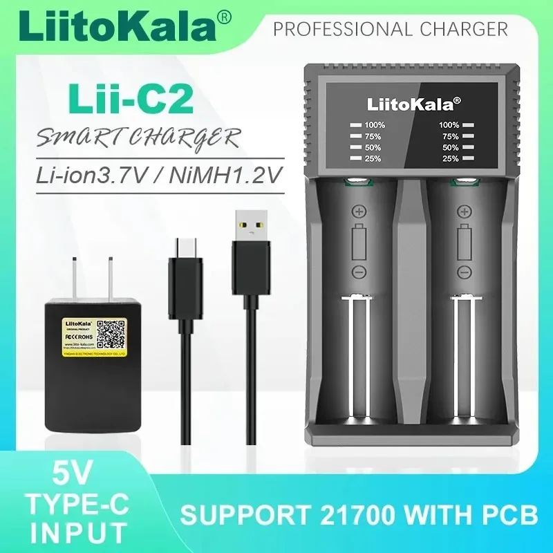 LiitoKala Lii-C2 uniwersalna ładowarka 3,7 V pasuje do akumulatorów 18650 21700 26650 17500 1,2 V AA AAA, można obciążć 21700 1-5 sztuk