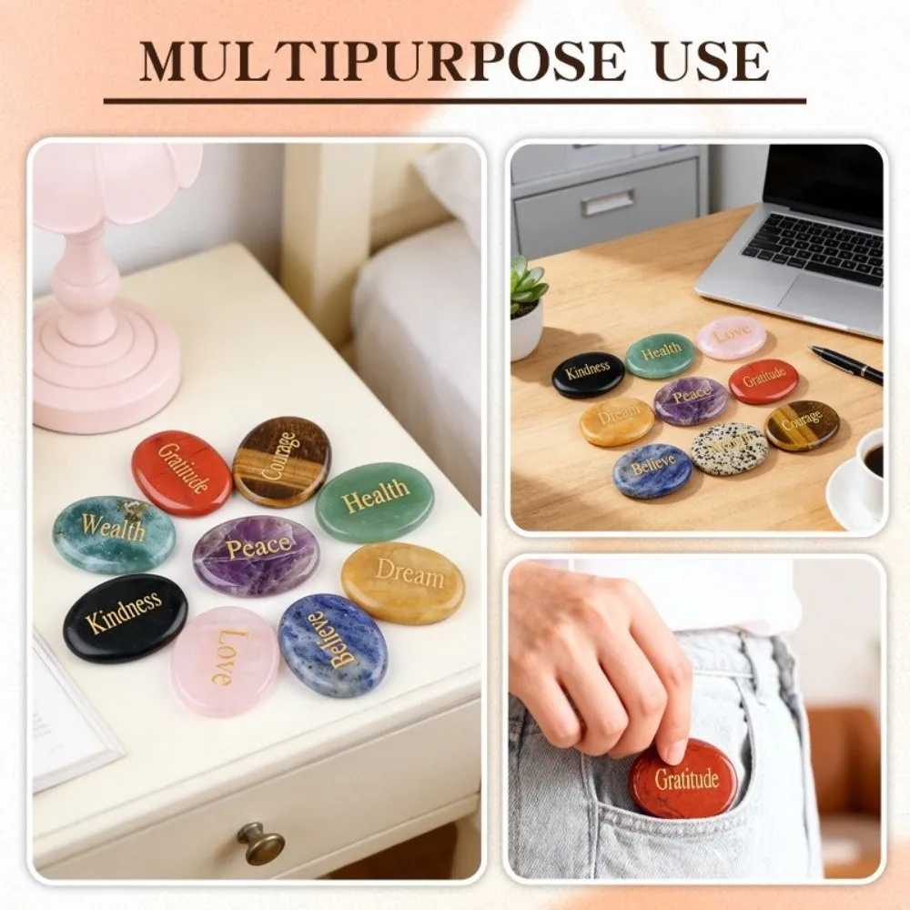 Ellipse Shape Thumb Worry Stones Engraved Different Inspirational Word Natural Stone Crystal Energy Feng Shui Decoration