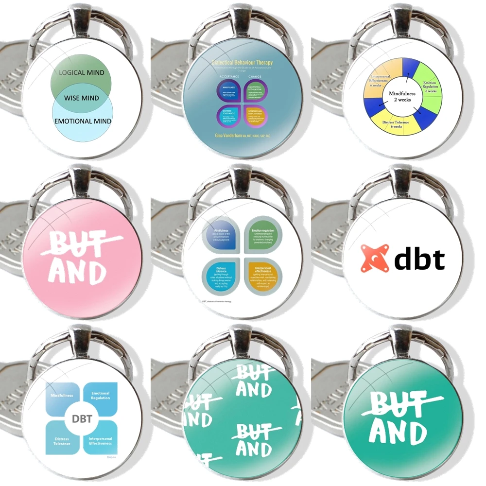 Keychain Handmade Glass Cabochon Key Ring Holder Pendant Key Chains Teal Dialectical Behavior Therapy And