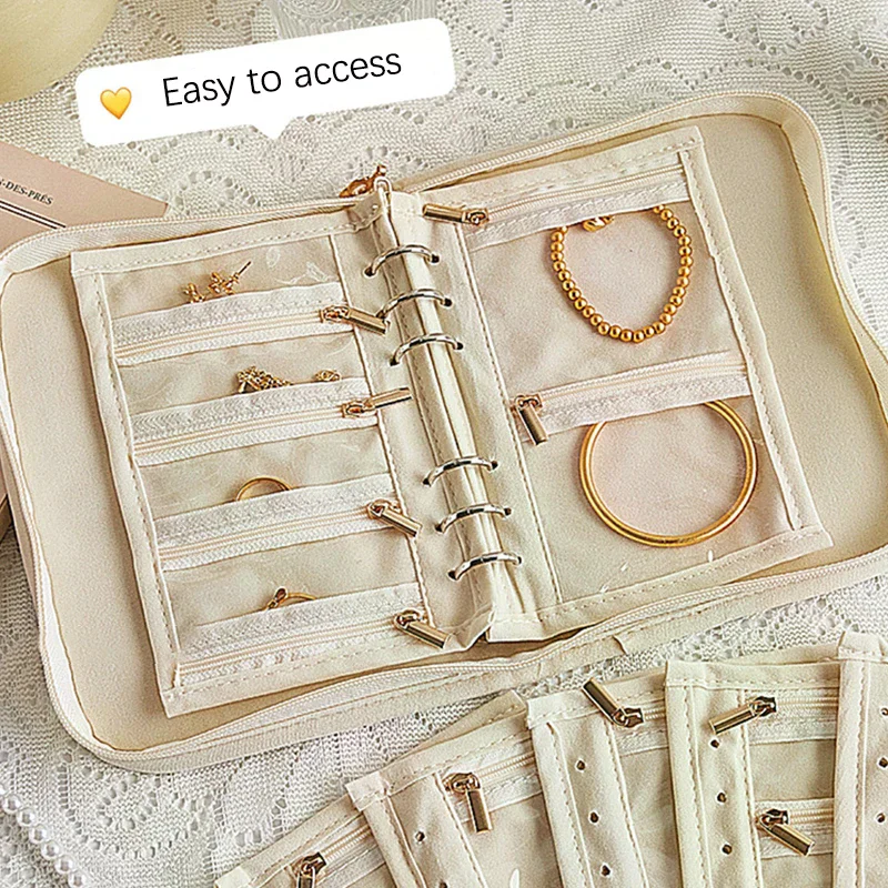 

Jewelry Storage Book With Loose-leaf Transparent Zipper Bag Necklace Ring Binder Storage Book Luxury Suede Rose Pattern Pockets