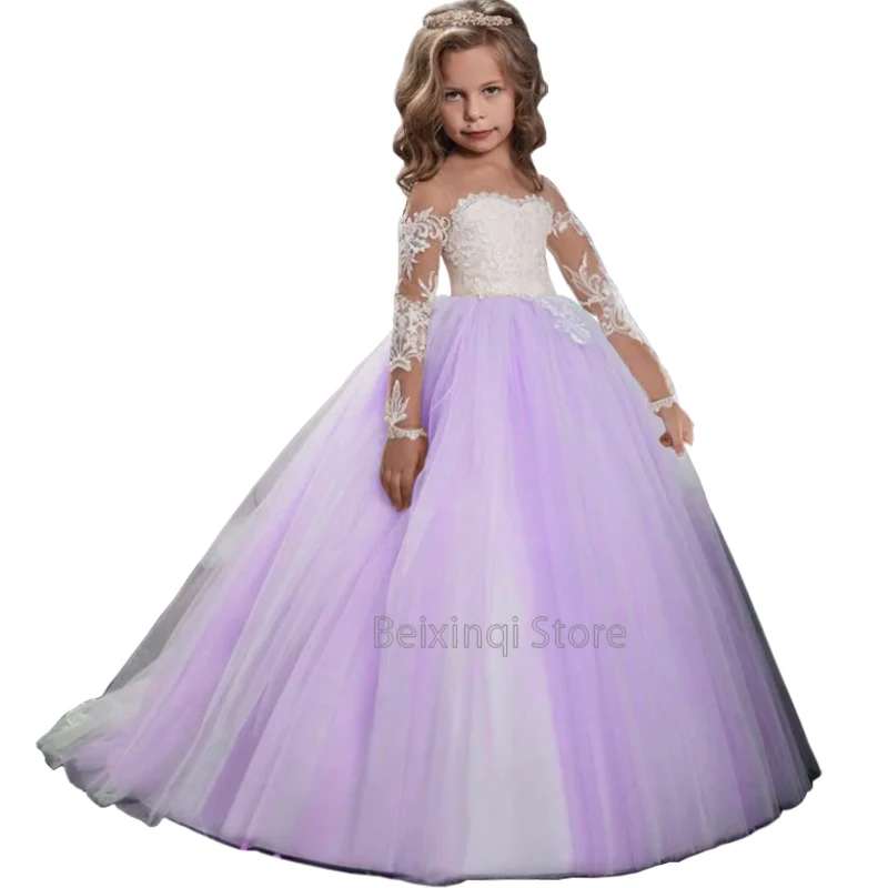 Vestido de niña de flores de color champán, elegante vestido de tul de manga larga con apliques, vestido de boda de princesa, baile de cumpleaños para niños