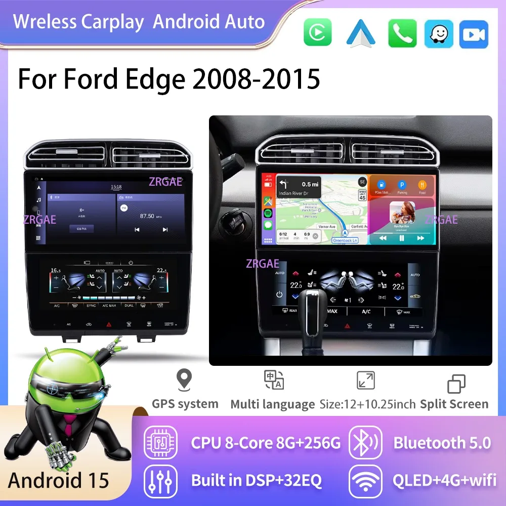 12+10.25“ Android15 Carplay Screen For Ford Edge 2008-2015 Car Multimedia Video Player QLED LCD Air Conditione GPS NavigationBT