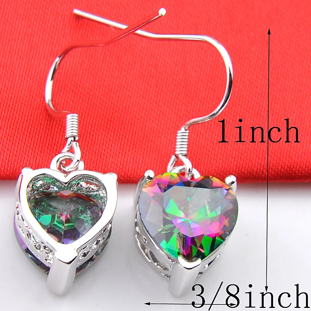 Luckyshine Bright Rainbow Heart Mystic Topaz Gemstone Silver Necklace Dangle Earrings Jewelry Set