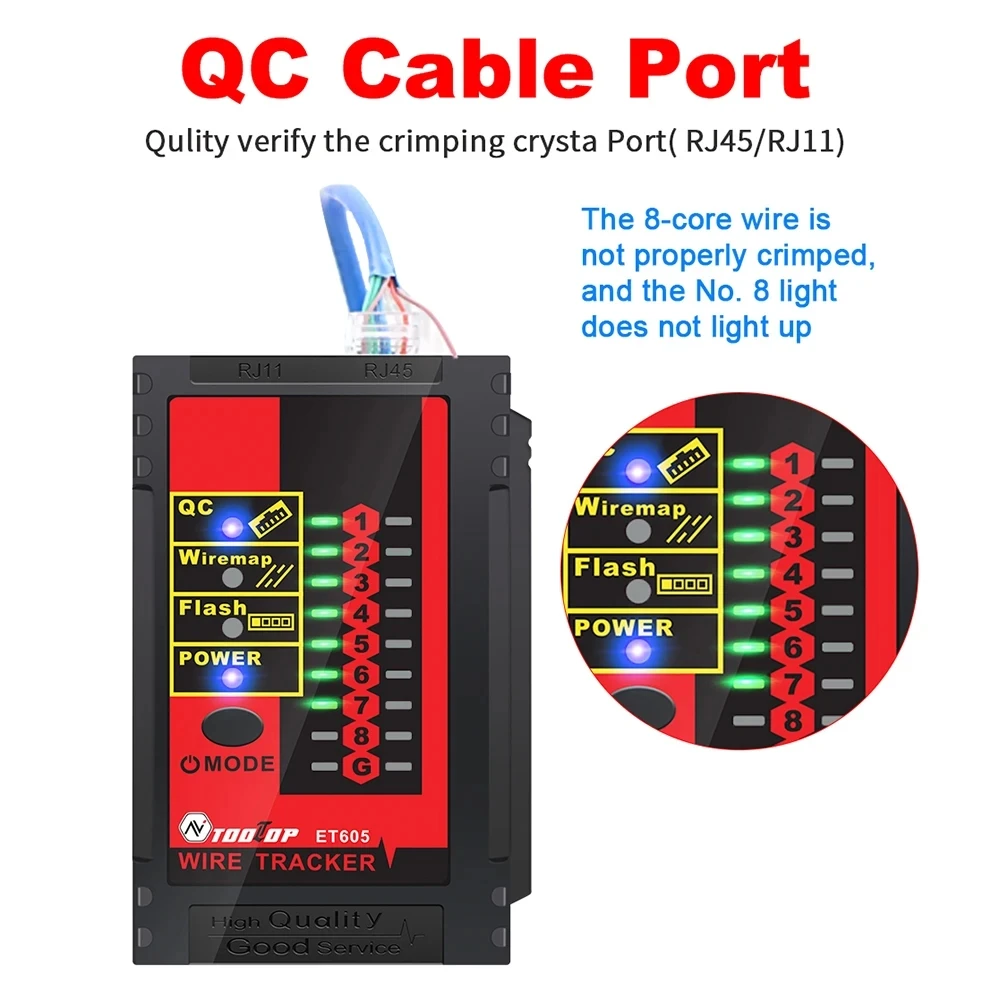 TOOLTOP ET605 Network Cable Tester POE QC LAN Cable Pairing Check Scan Cable Wiremap Cable Tester Tool Network Repair Detection