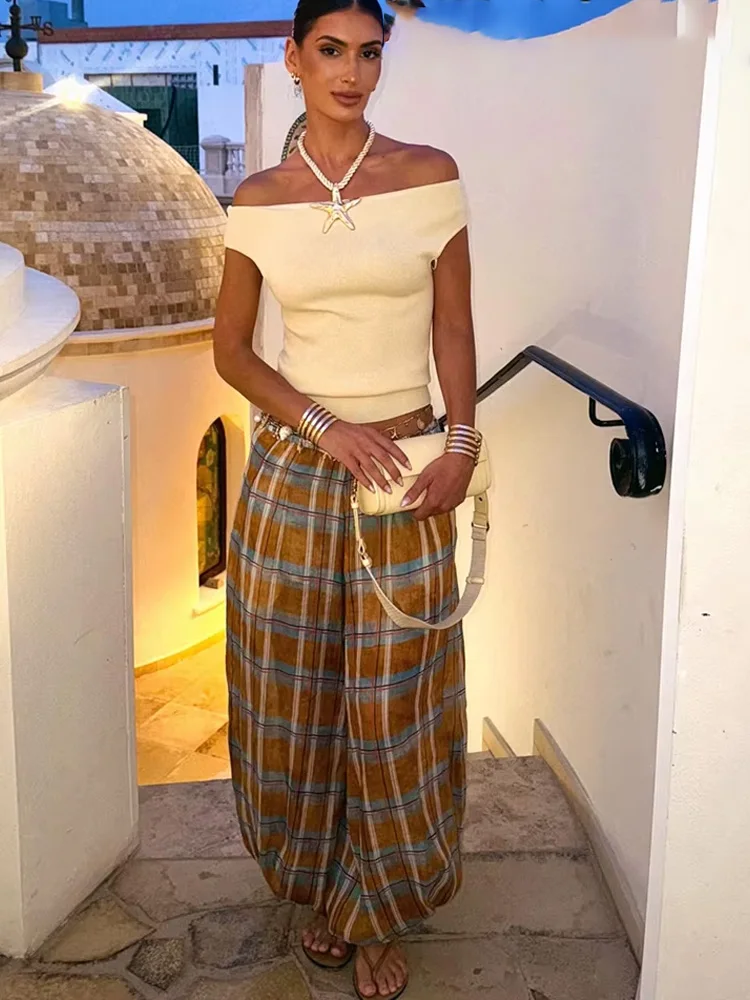 กางเกงลำลองผู้หญิงแฟชั่นฤดูใบไม้ร่วง ผ้ารามี ลายสก็อต ทรงหลวม สไตล์เก๋ไก๋ หรูหรา มีเชือกผูกเอว สไตล์ไฮสตรีท