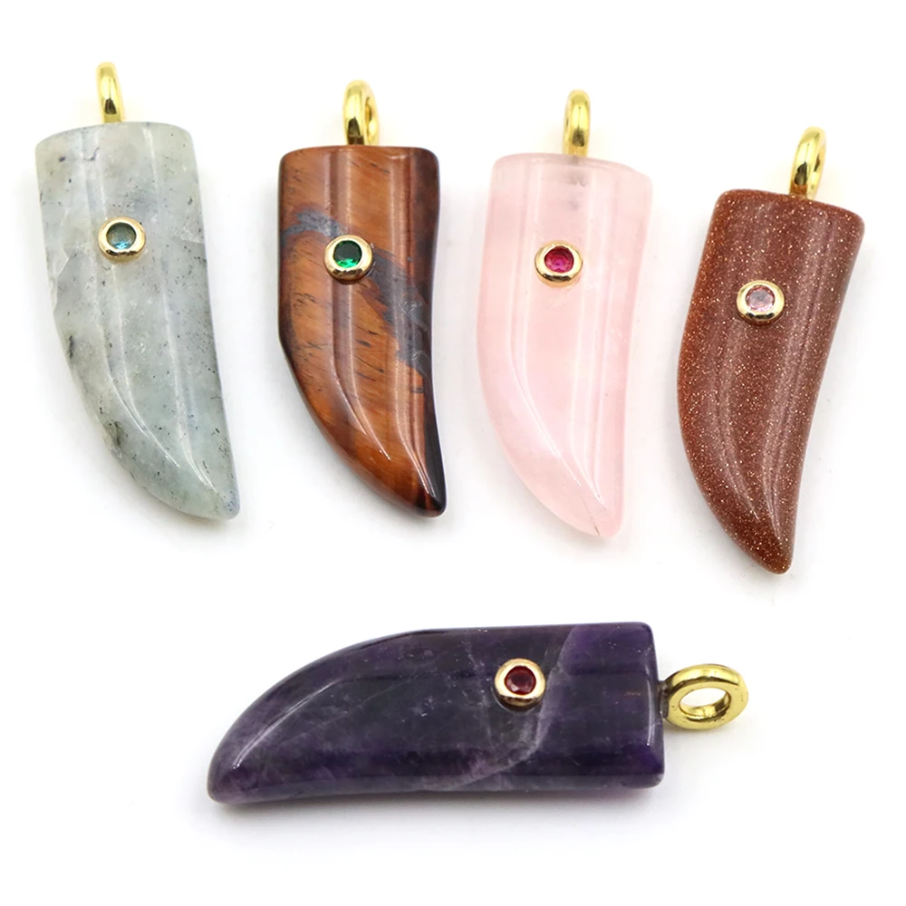 37mm Natural Stone Wolf Tooth Pendant Inlaid Color Zircon Crystal Charm Necklace Gem Pendant DIY Jewelry Making Accessory Gifts