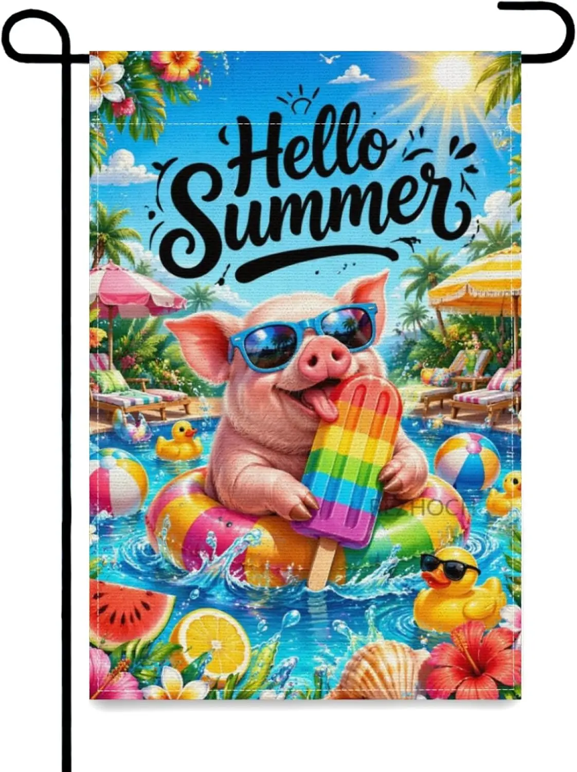 Hello Summer Funny Pig Welcome Garden Flag 12x18 Inch,Beach Pool Rainbow Popsicle Cute Animal Outdoor Yard Flags,Tropical Se yyi